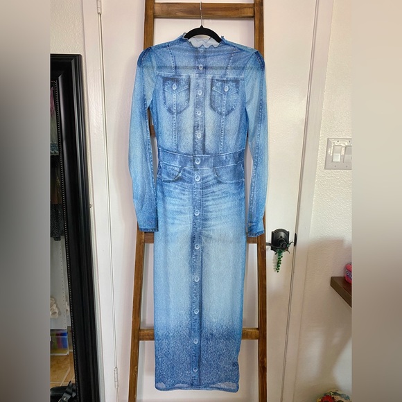 Stylish Blue sheer  denim accented Dress - Picture 5 of 7